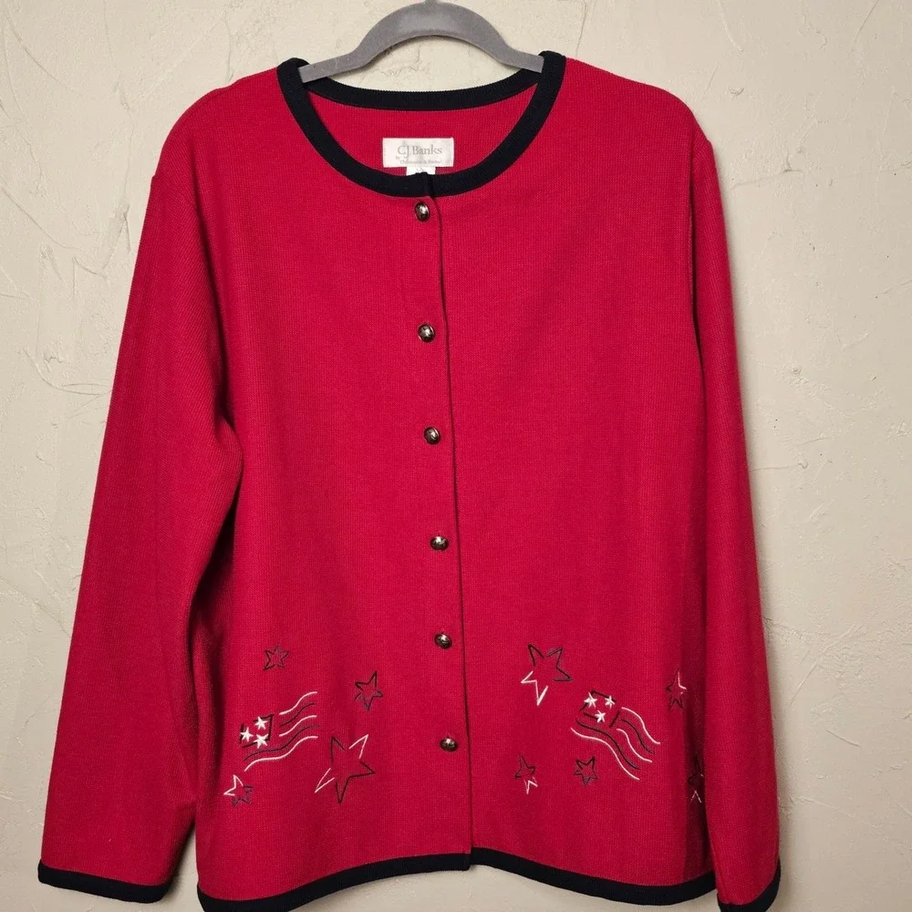Vintage Banks‎ 1X Red Patriotic Cardigan Sweater Stars USA Flag Embroidered EUC